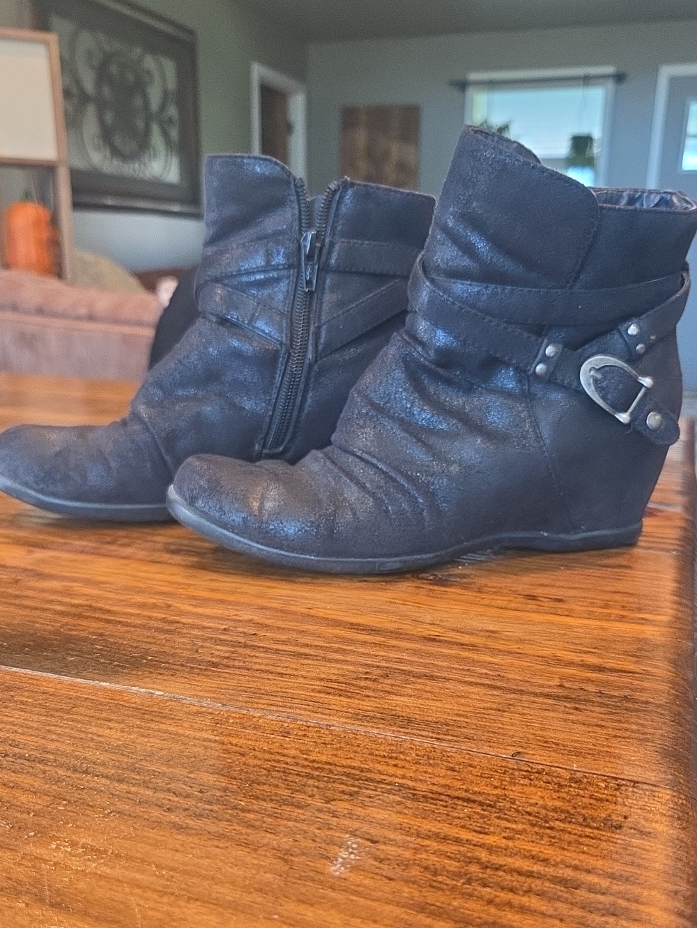 Baretraps Women’s Black Wedge Ankle Boots with Buckle Accent